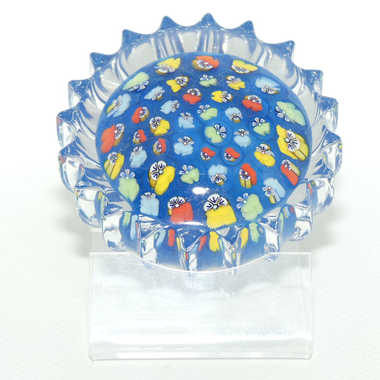 John Deacons Scotland Millefiori Pansy paperweight | Pacific Blue | Ribbed