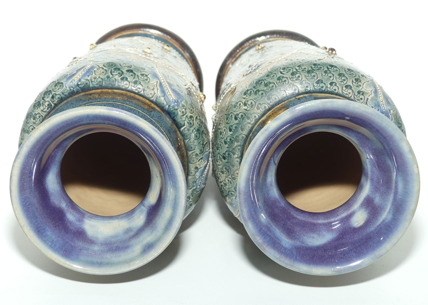 Doulton Lambeth George Tinworth stoneware pair of conical vases with applied baguette beads and foliage