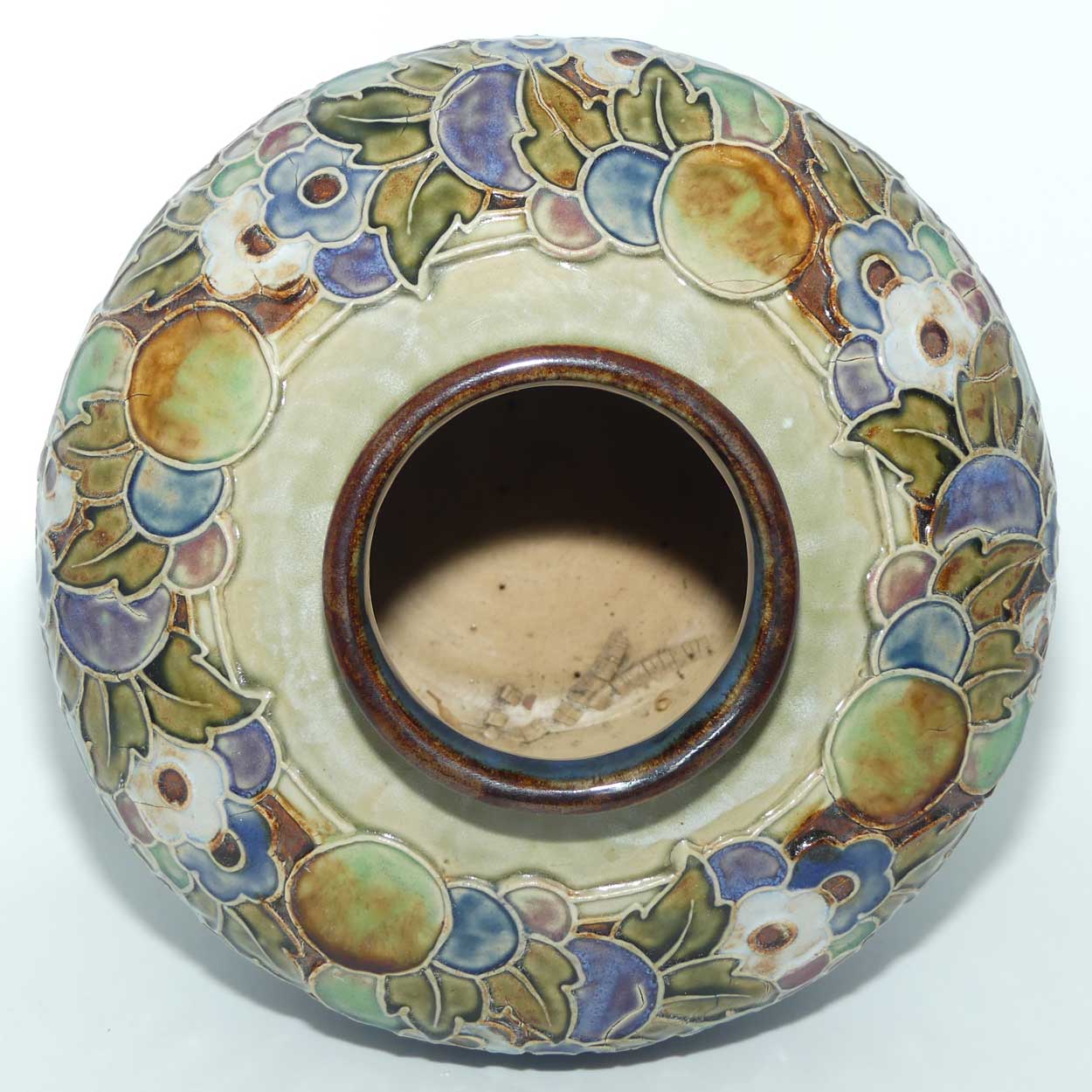 Royal Doulton pair of stoneware Floral border large ball vases by Lily Partington | Blue Ground | 8689