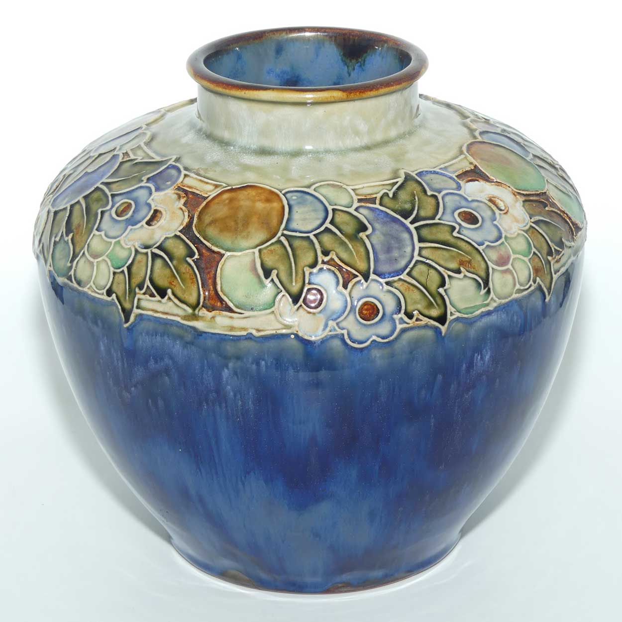 Royal Doulton pair of stoneware Floral border large ball vases by Lily Partington | Blue Ground | 8689