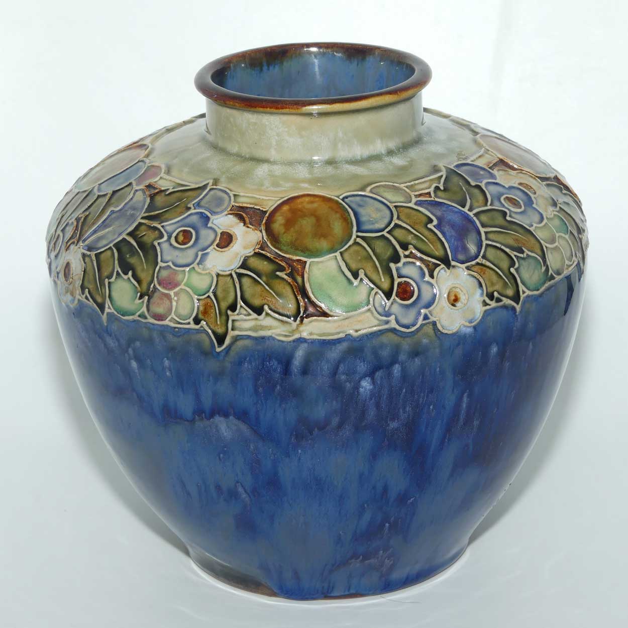 Royal Doulton pair of stoneware Floral border large ball vases by Lily Partington | Blue Ground | 8689