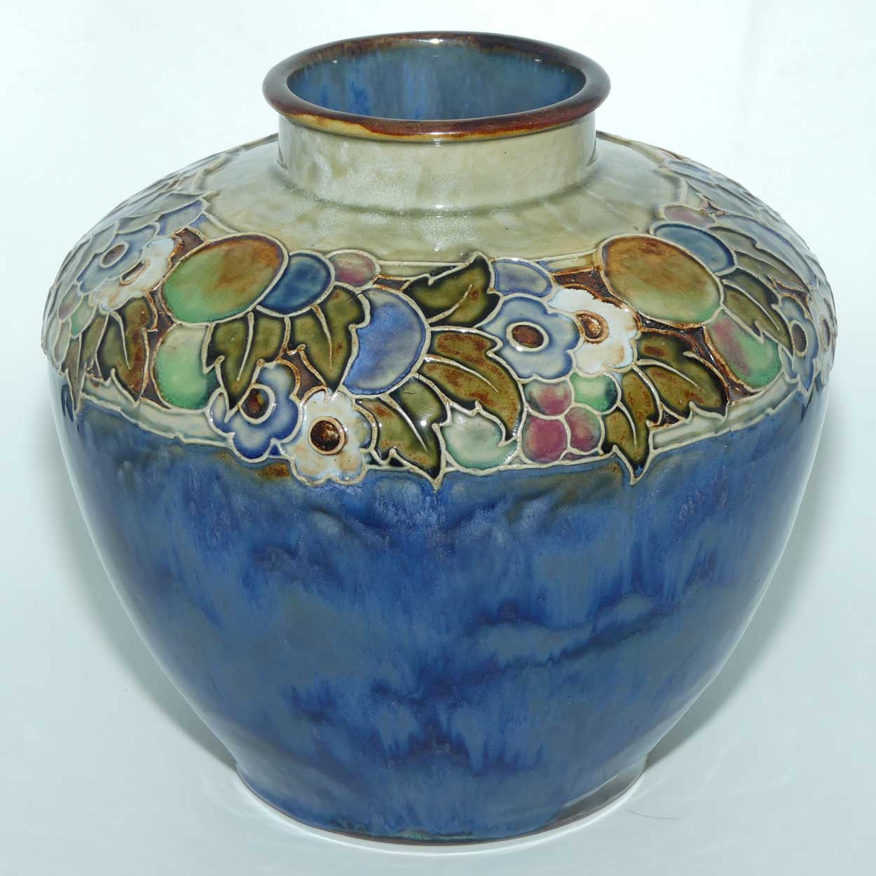 Royal Doulton pair of stoneware Floral border large ball vases by Lily Partington | Blue Ground | 8689