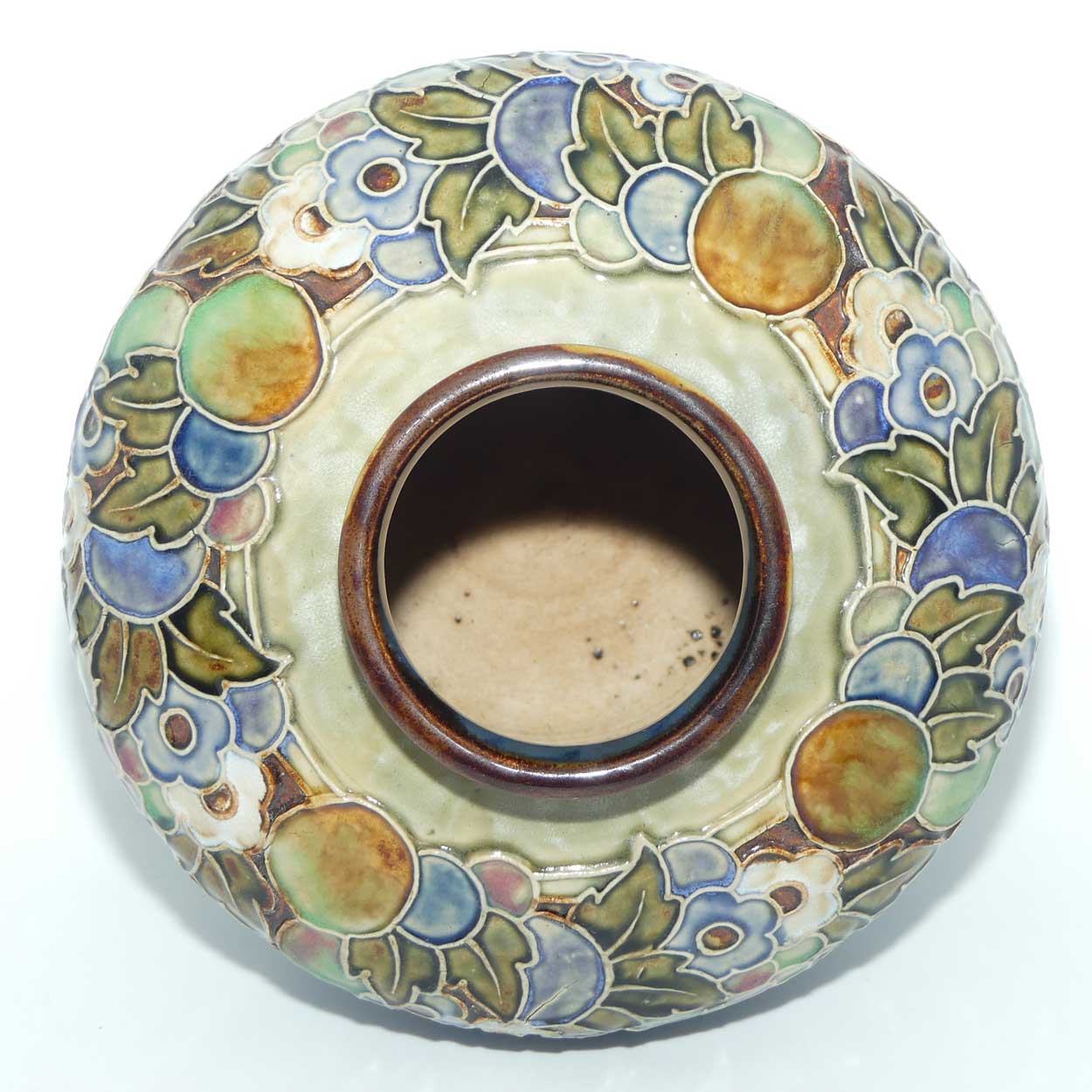 Royal Doulton pair of stoneware Floral border large ball vases by Lily Partington | Blue Ground | 8689