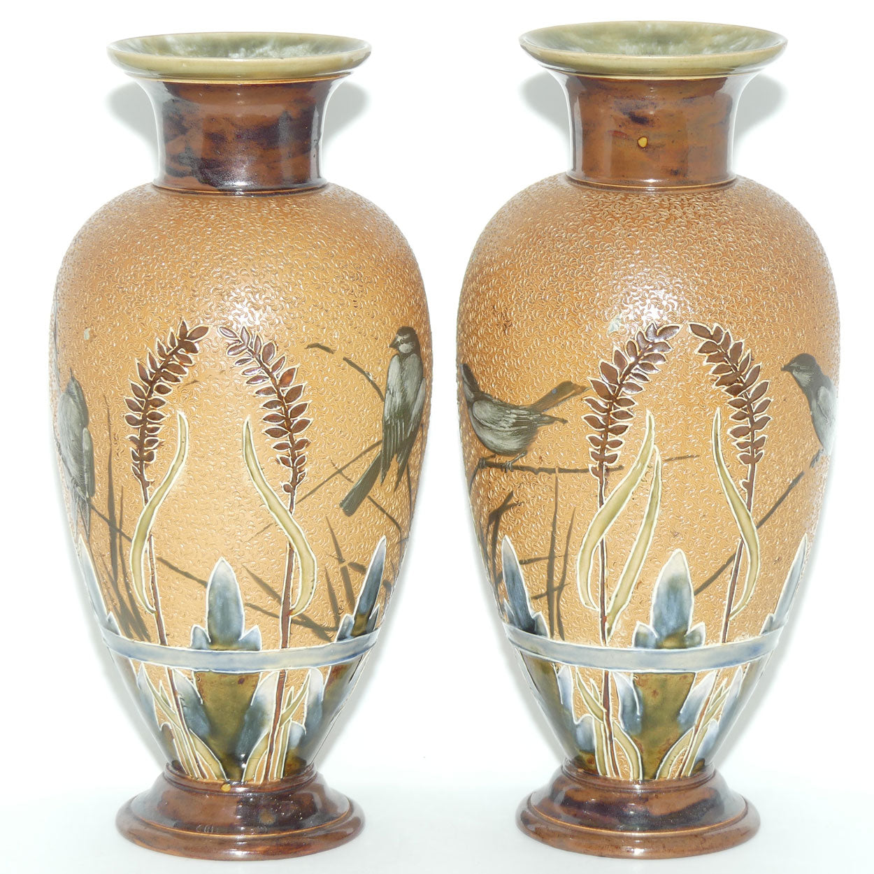 Doulton Lambeth Florence Barlow decorated pair of stoneware Vases featuring Birds amongst Ferns