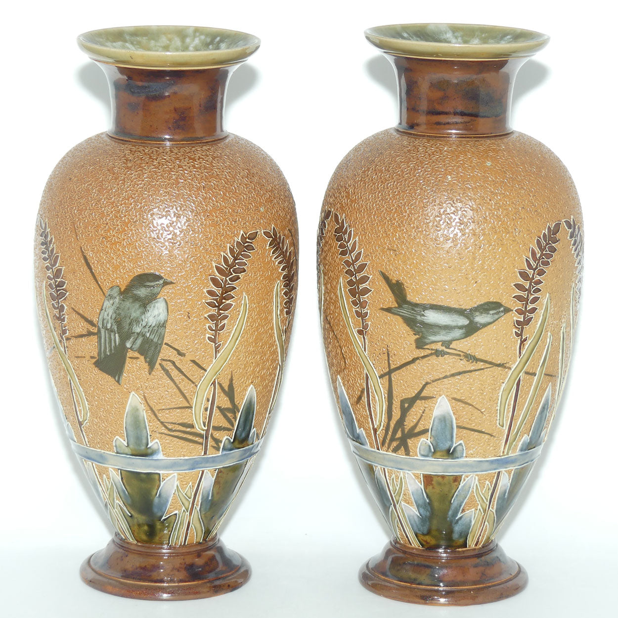 Doulton Lambeth Florence Barlow decorated pair of stoneware Vases featuring Birds amongst Ferns