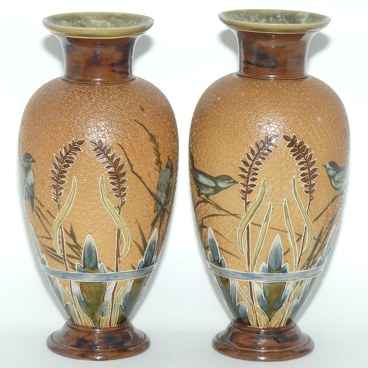 Doulton Lambeth Florence Barlow decorated pair of stoneware Vases featuring Birds amongst Ferns