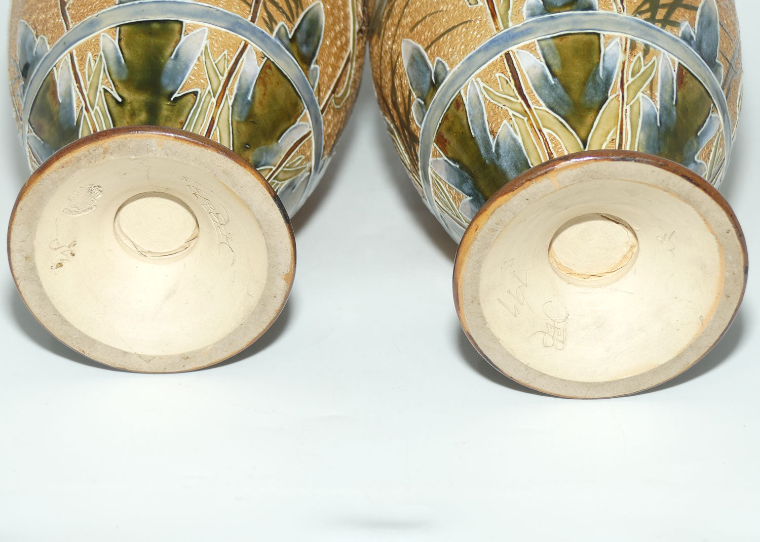 Doulton Lambeth Florence Barlow decorated pair of stoneware Vases featuring Birds amongst Ferns