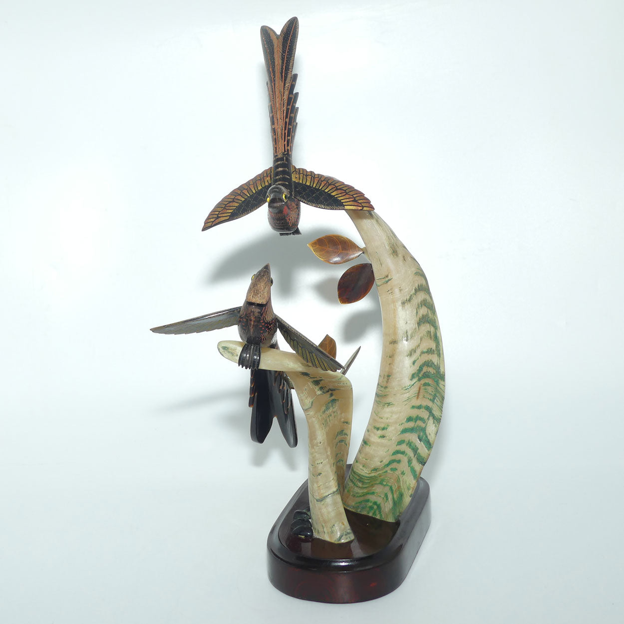 Vintage Carved pair of Birds in Tree on Wooden base | Both carved from Horn