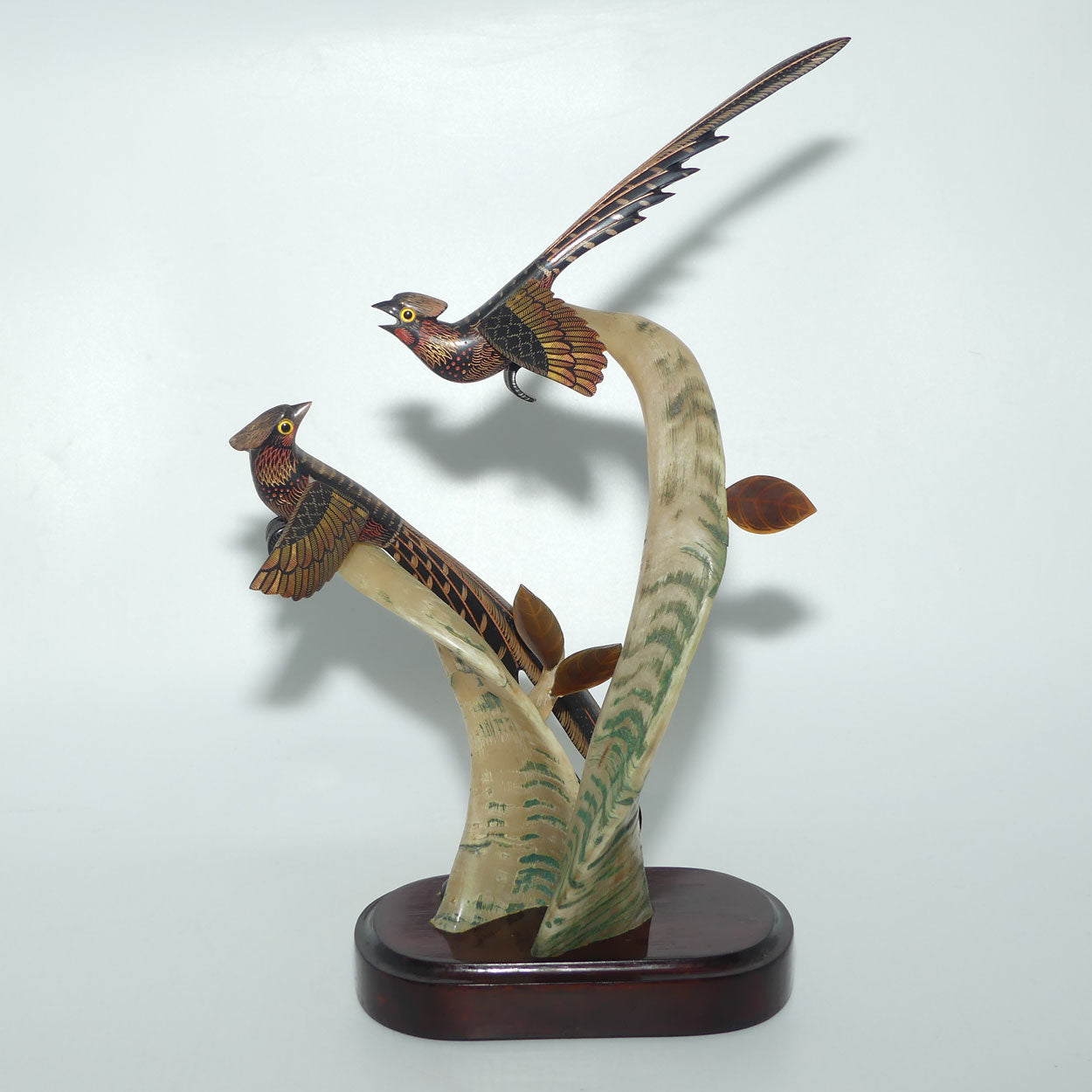 Vintage Carved pair of Birds in Tree on Wooden base | Both carved from Horn