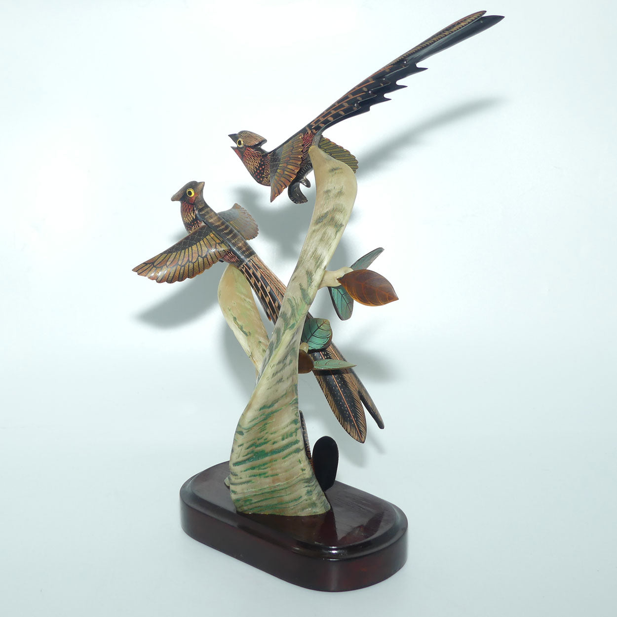 Vintage Carved pair of Birds in Tree on Wooden base | Both carved from Horn