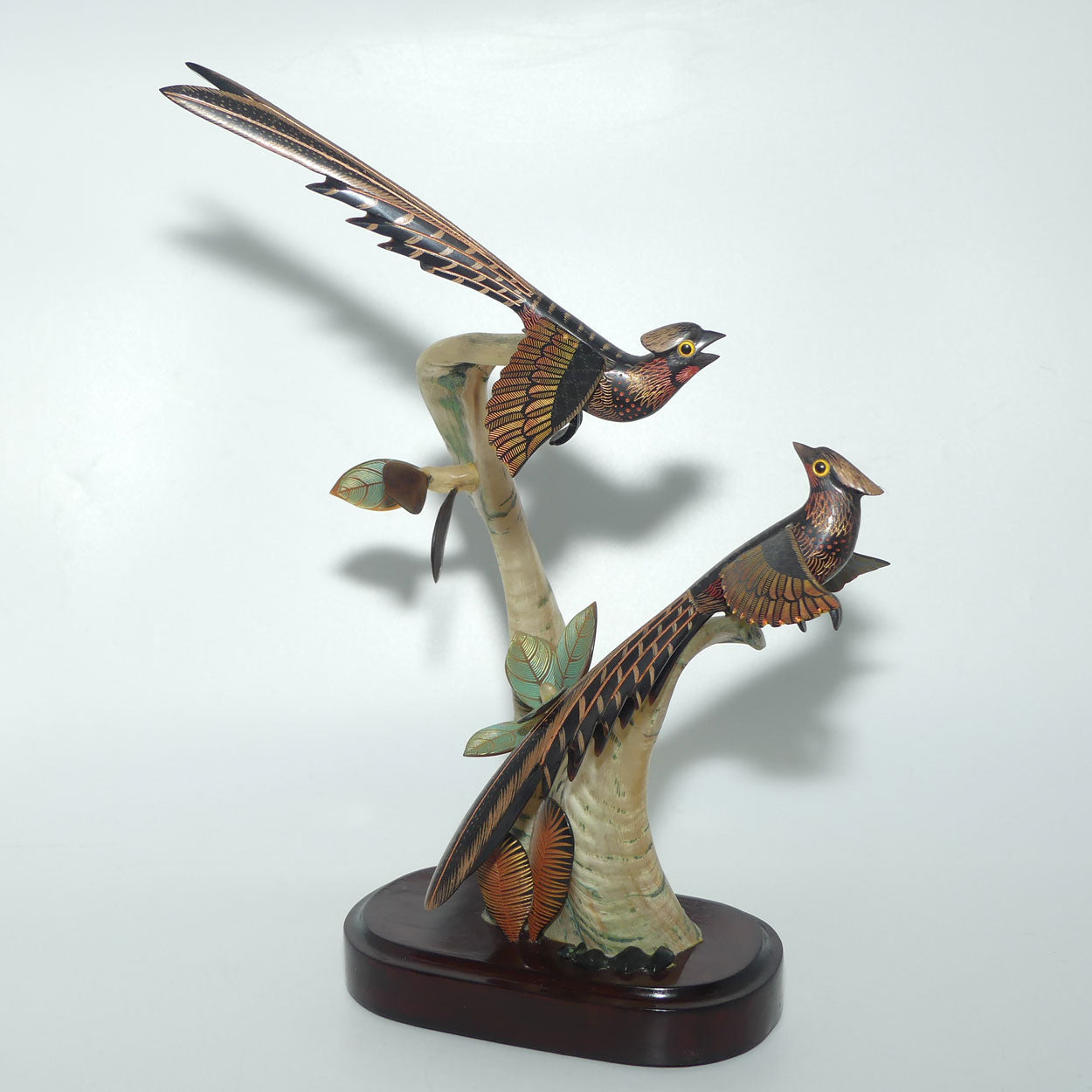Vintage Carved pair of Birds in Tree on Wooden base | Both carved from Horn