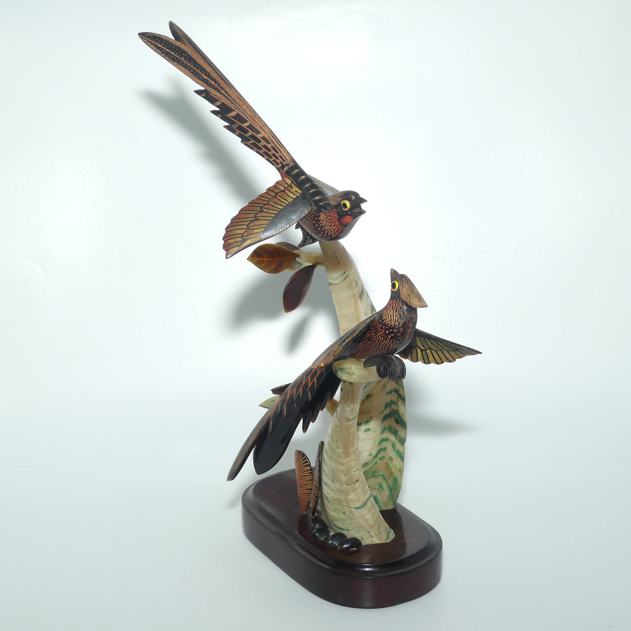 Vintage Carved pair of Birds in Tree on Wooden base | Both carved from Horn