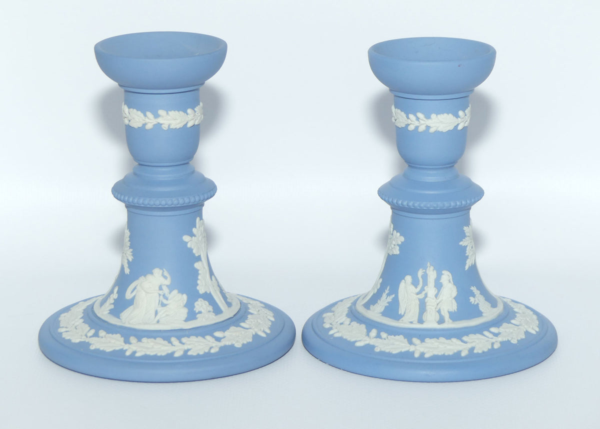 Wedgwood Jasper pair of candlesticks | White on Pale Blue | Grecian Maidens
