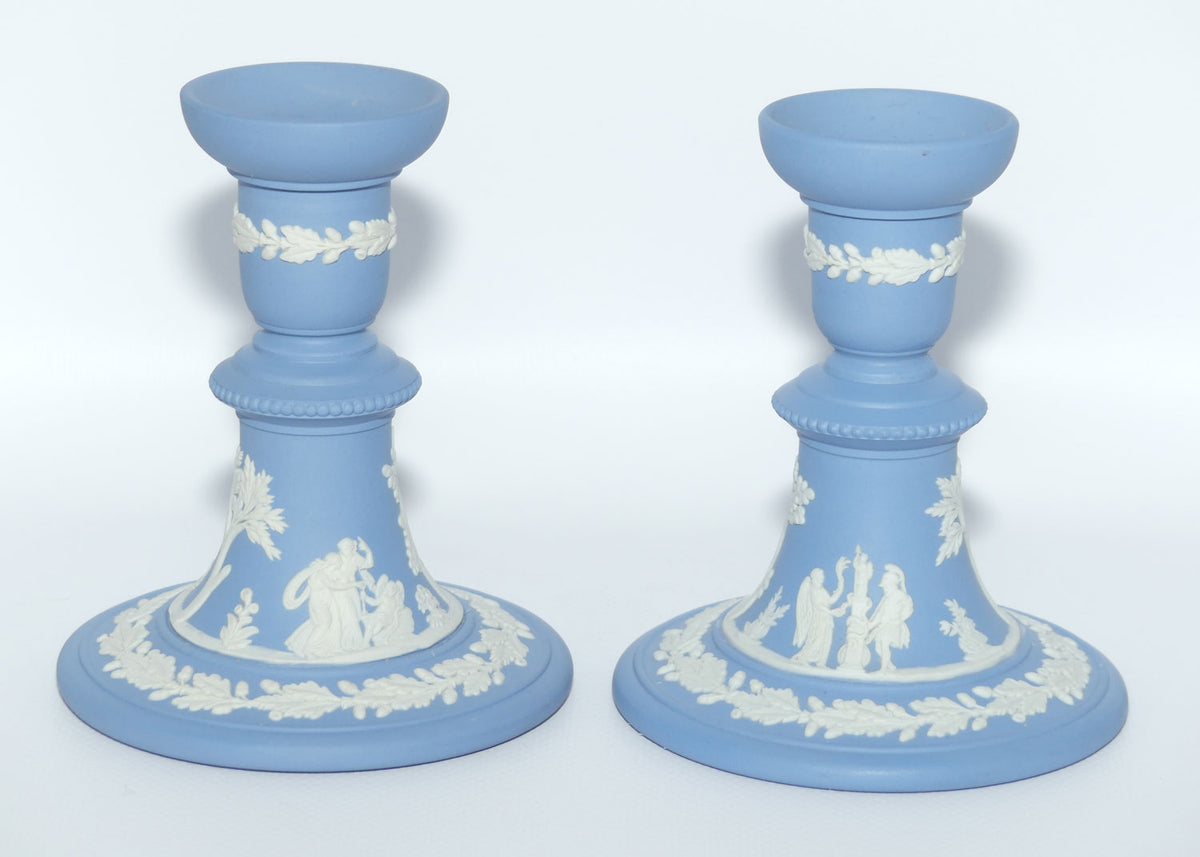 Wedgwood Jasper pair of candlesticks | White on Pale Blue | Grecian Maidens