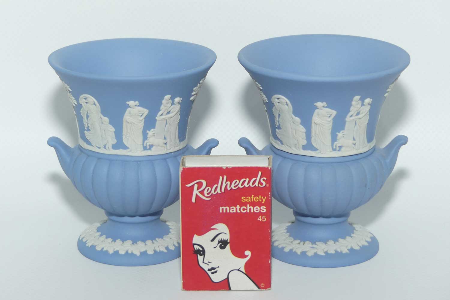 Wedgwood Jasper | White on Pale Blue | Maidens Campagna shape pair of vases | #1