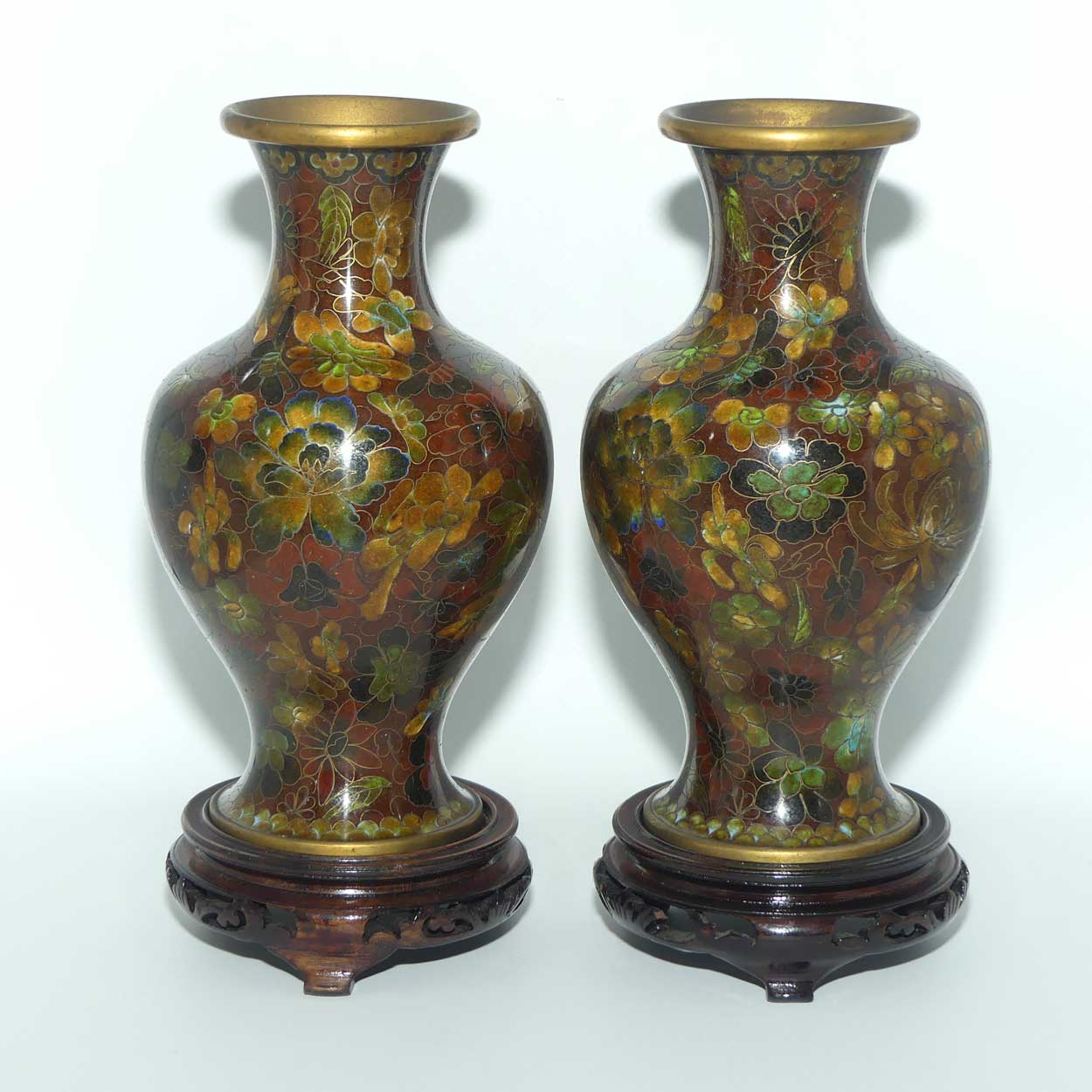 Pair of Red Brown with Green Tints Cloisonne Vases on wooden stands
