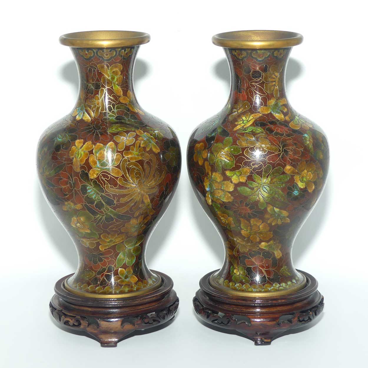 Pair of Red Brown with Green Tints Cloisonne Vases on wooden stands