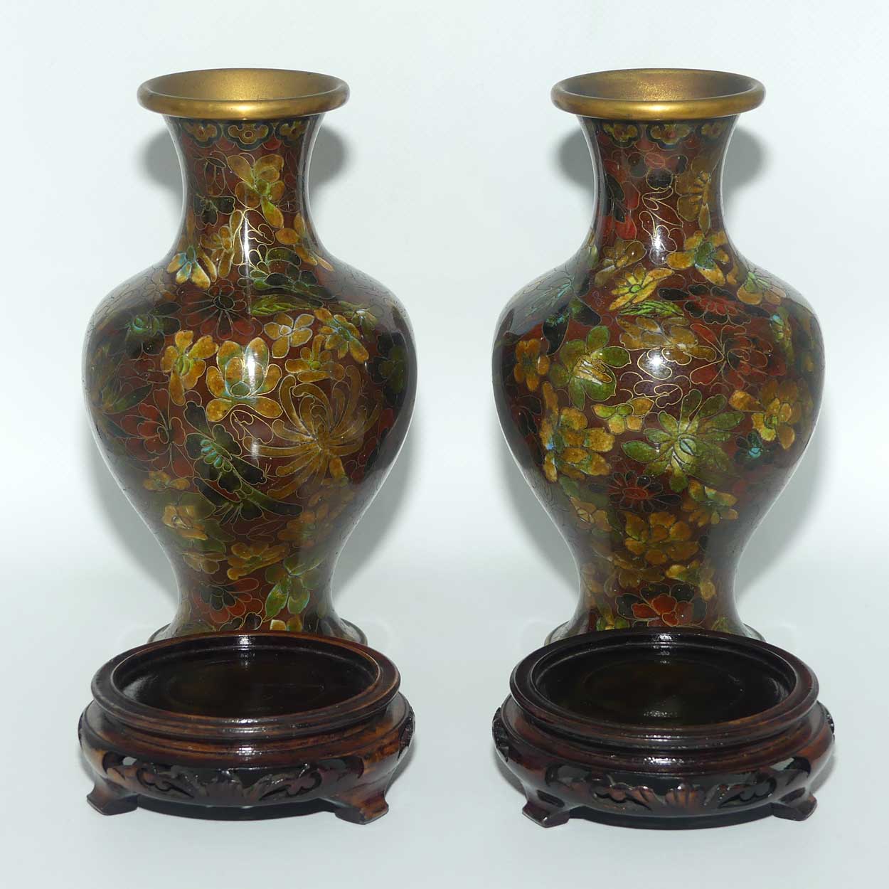 Pair of Red Brown with Green Tints Cloisonne Vases on wooden stands