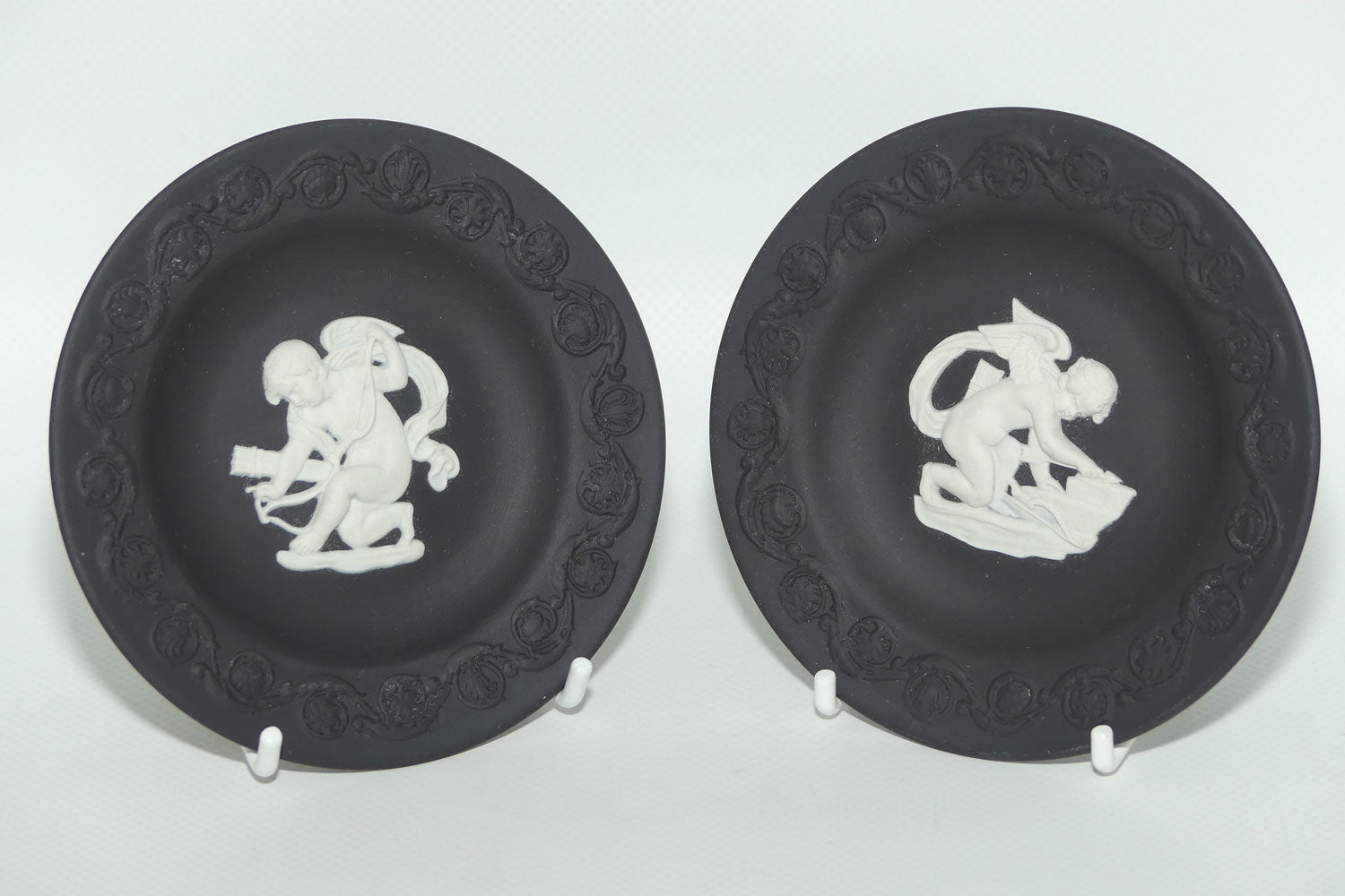 Wedgwood Jasper | White on Black | Pair of Cupid plates | 11cm | Boxed