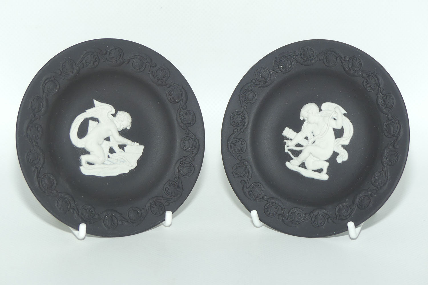 Wedgwood Jasper | White on Black | Pair of Cupid plates | 11cm | Boxed