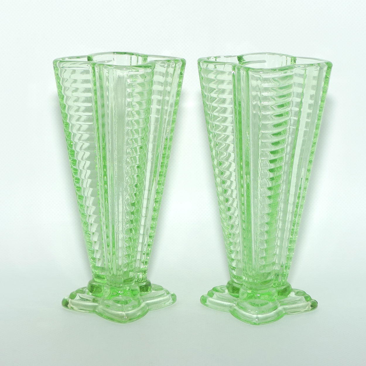 Pair of Ribbed 4 sided Green Glass vases | Art Deco style | 18cm tall