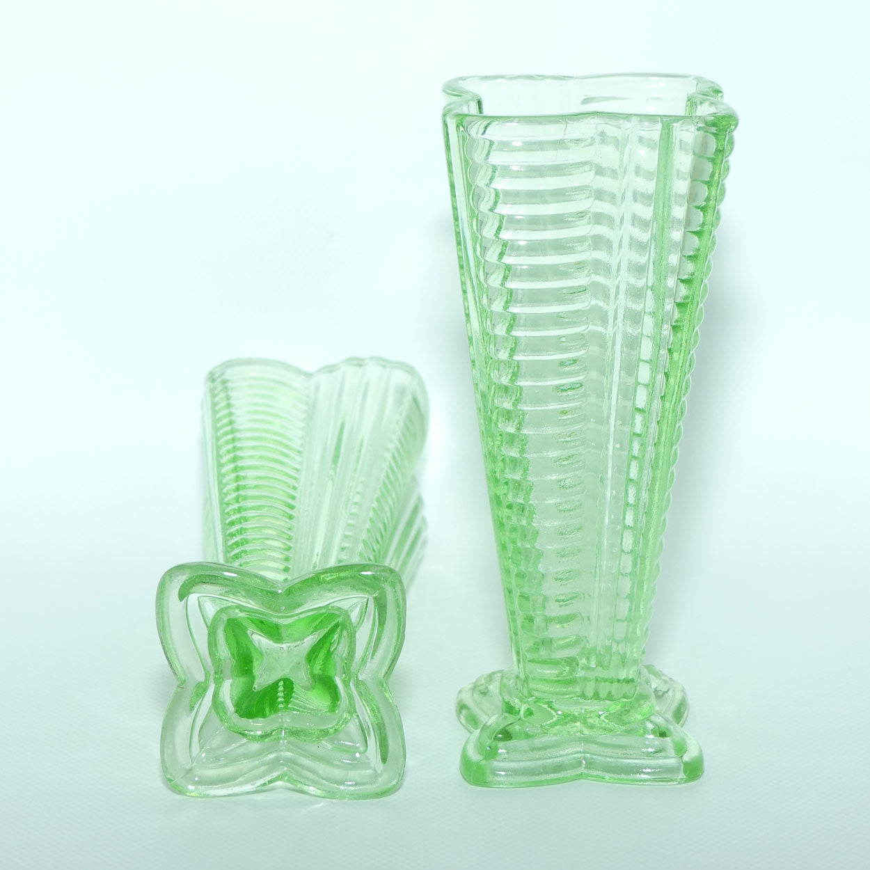 Pair of Ribbed 4 sided Green Glass vases | Art Deco style | 18cm tall