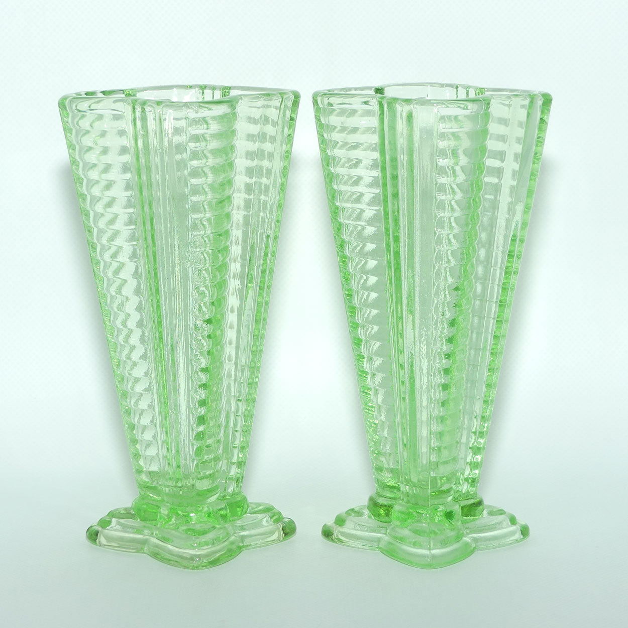 Pair of Ribbed 4 sided Green Glass vases | Art Deco style | 18cm tall