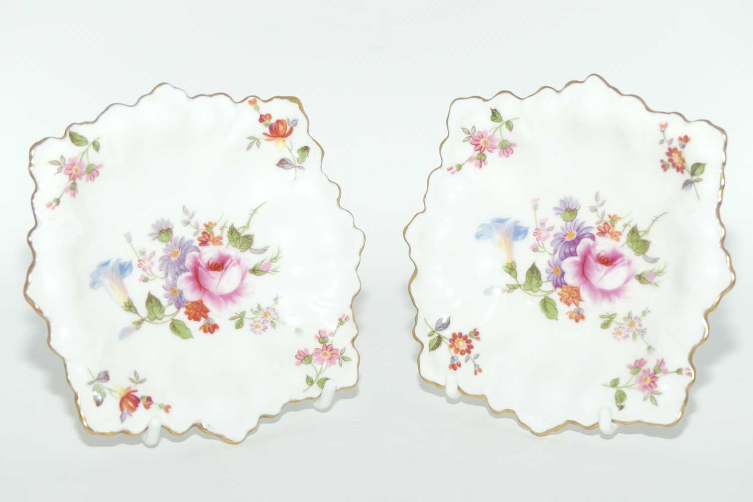 Pair of Royal Crown Derby Derby Posies gilt trim pin dishes | 11cm square