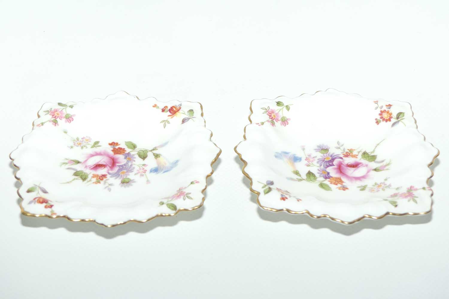 Pair of Royal Crown Derby Derby Posies gilt trim pin dishes | 11cm square