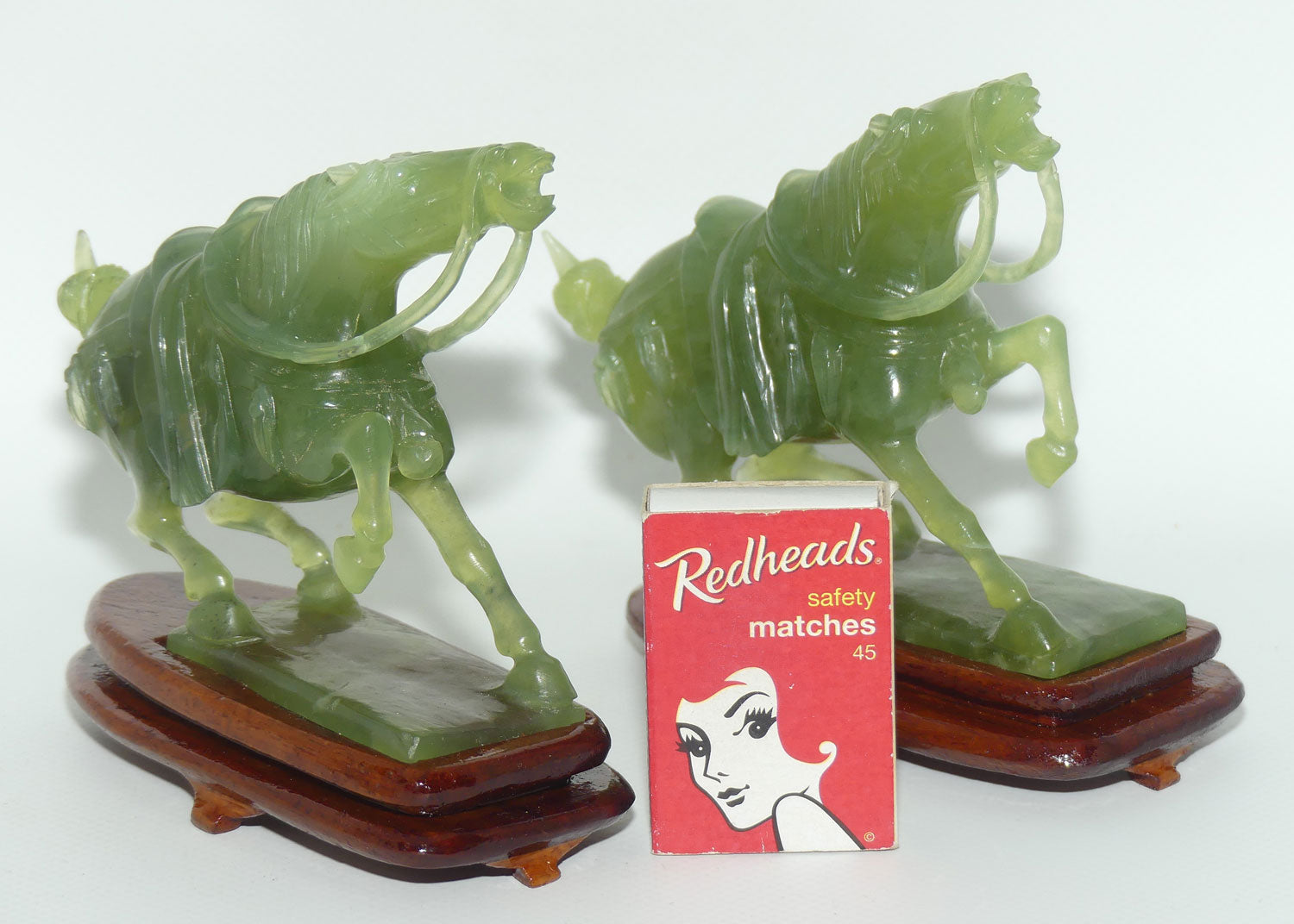 Mid 20th Century Chinese Green Jade | Hardstone pair of Horses fixed on wooden stands