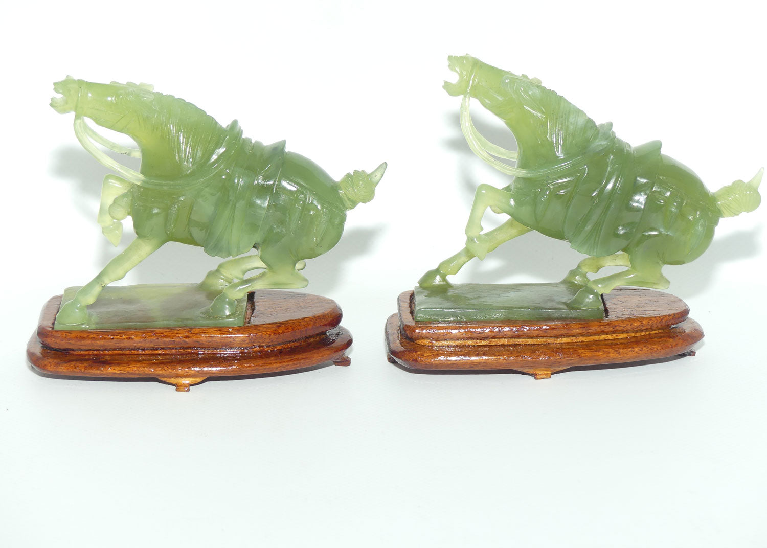 Mid 20th Century Chinese Green Jade | Hardstone pair of Horses fixed on wooden stands