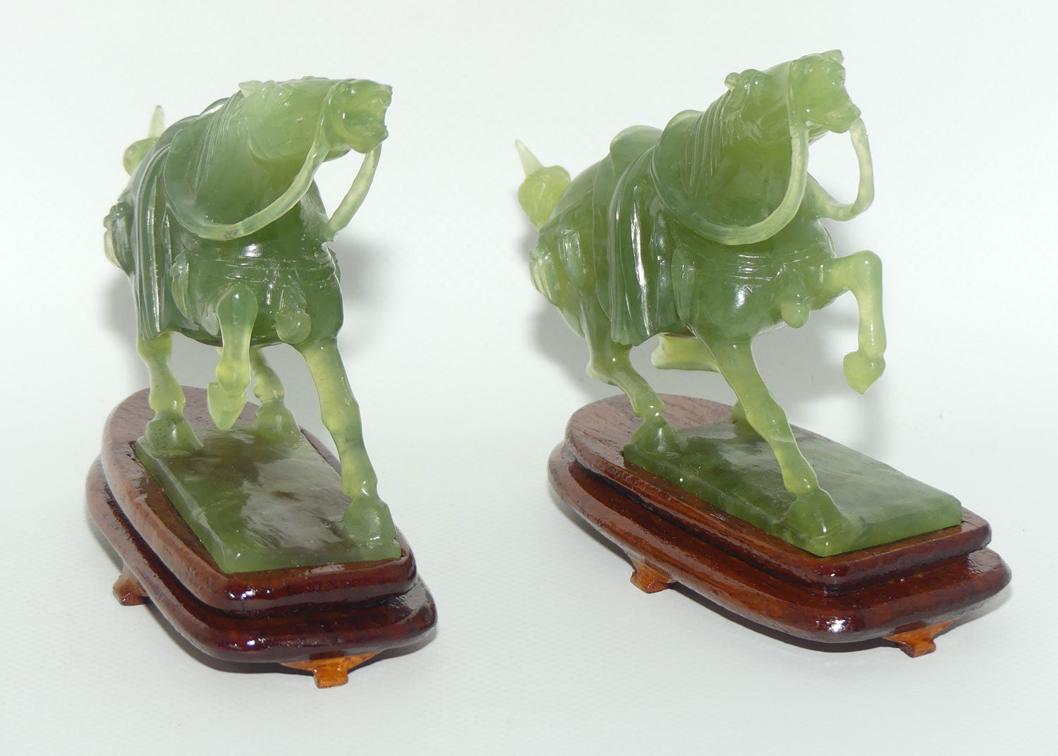 Mid 20th Century Chinese Green Jade | Hardstone pair of Horses fixed on wooden stands
