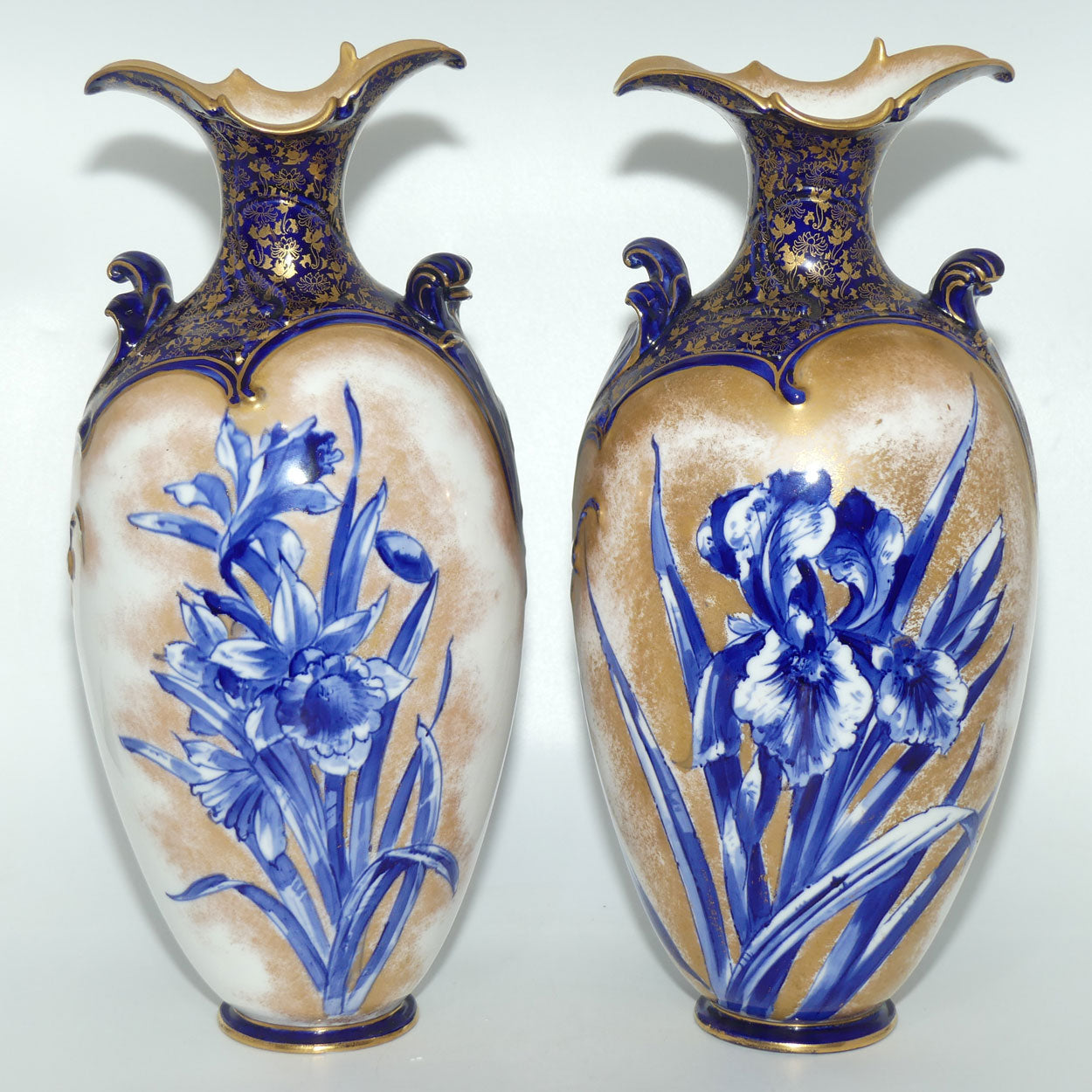 Doulton Burslem Blue Iris and Daffodil pair of large fancy bulbous vases with little handles and gilt highlights