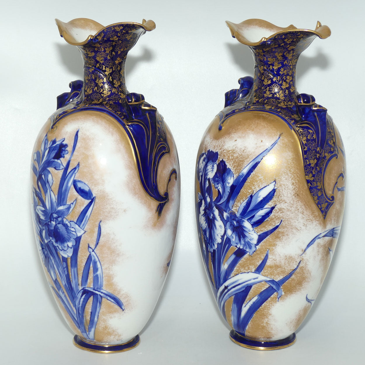 Doulton Burslem Blue Iris and Daffodil pair of large fancy bulbous vases with little handles and gilt highlights