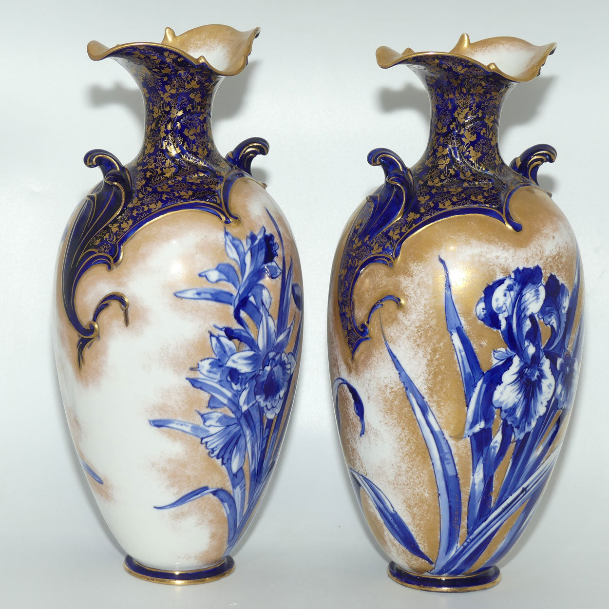 Doulton Burslem Blue Iris and Daffodil pair of large fancy bulbous vases with little handles and gilt highlights