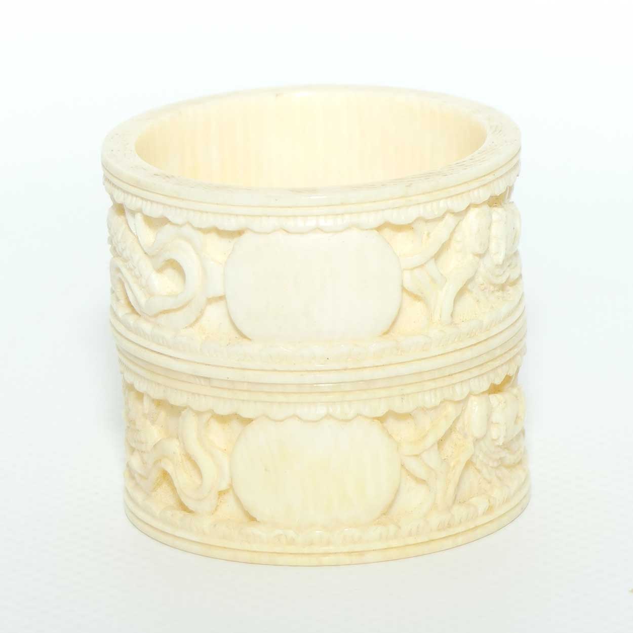 Chinese Carved Ivory pair of napkin rings | serviette rings | Dragon motif