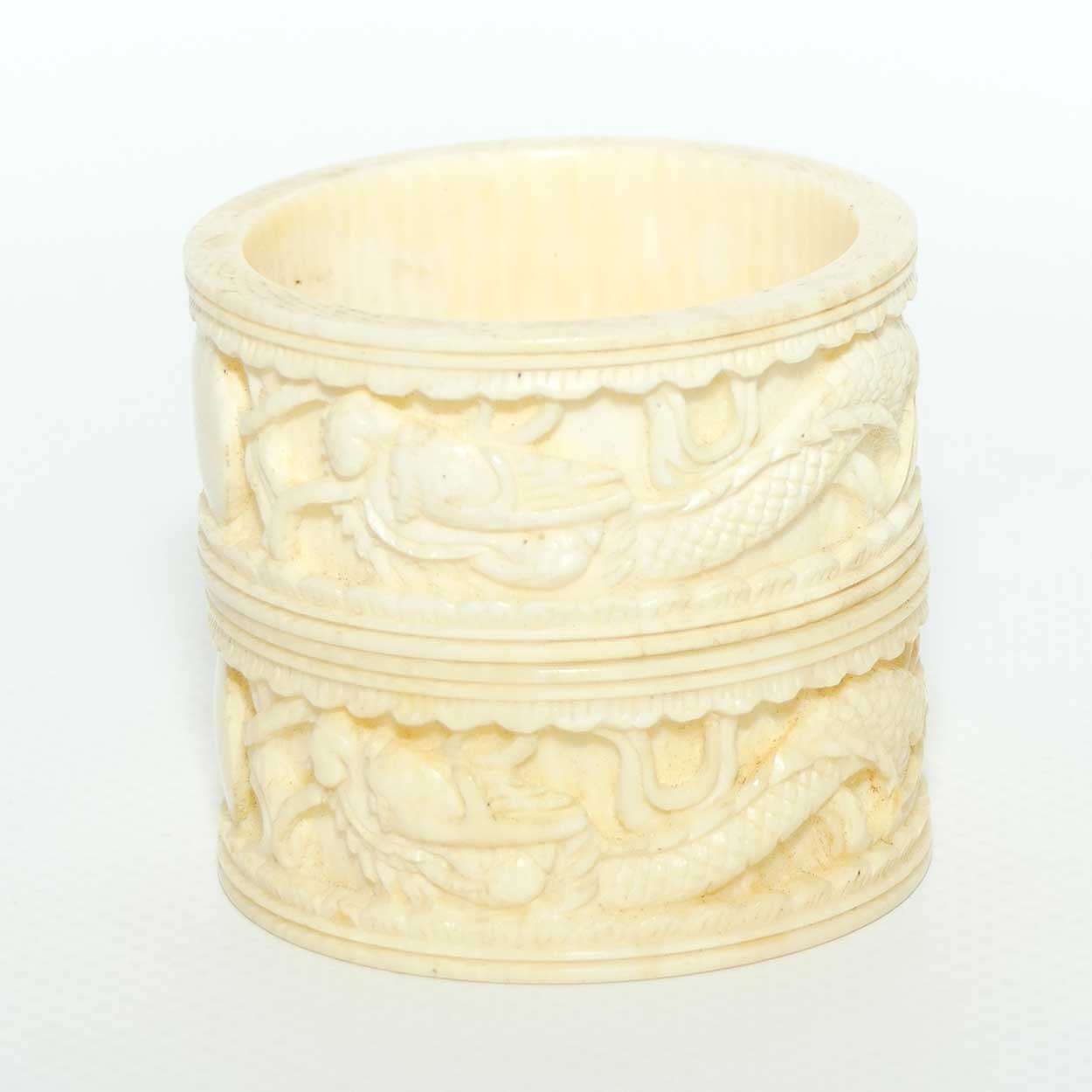 Chinese Carved Ivory pair of napkin rings | serviette rings | Dragon motif