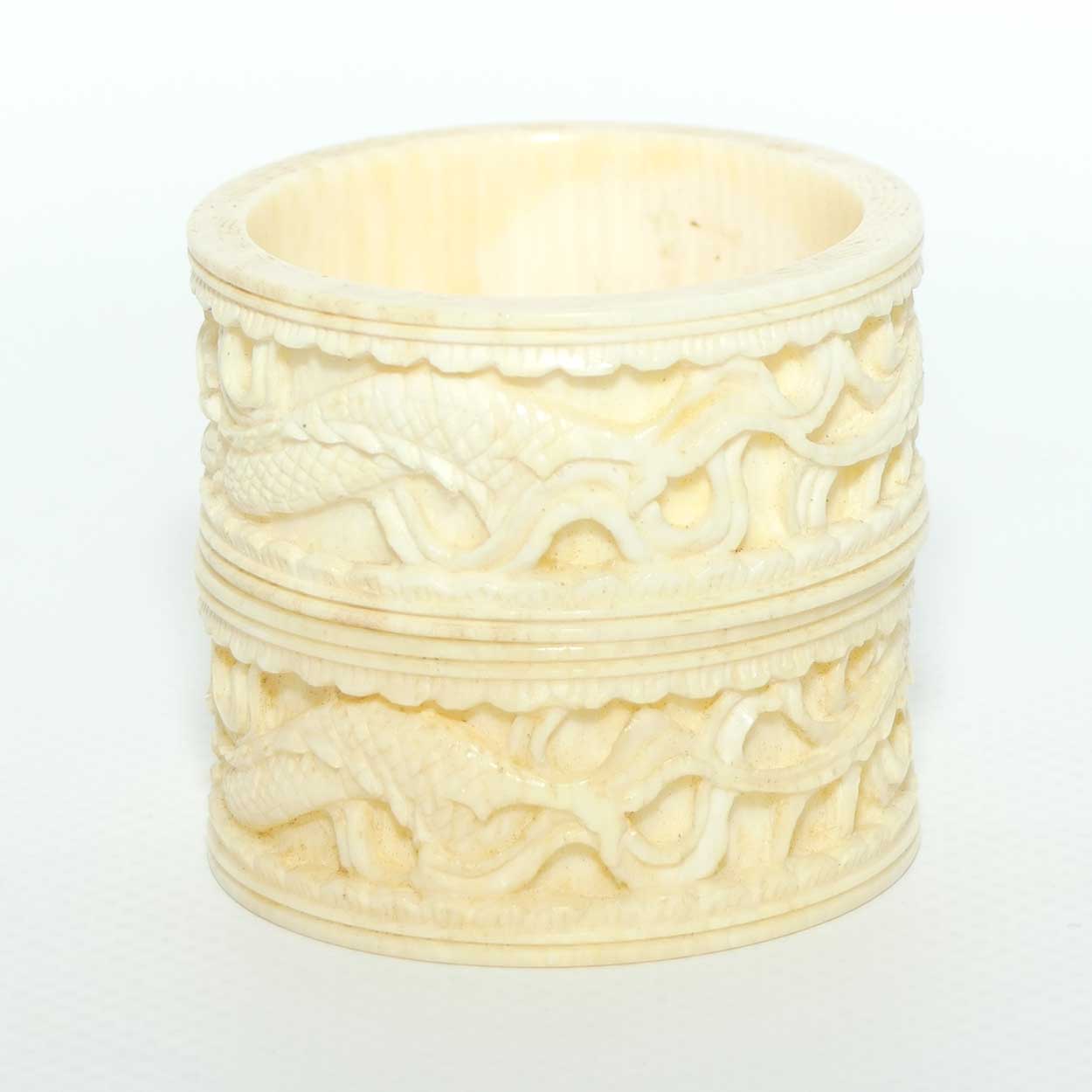 Chinese Carved Ivory pair of napkin rings | serviette rings | Dragon motif