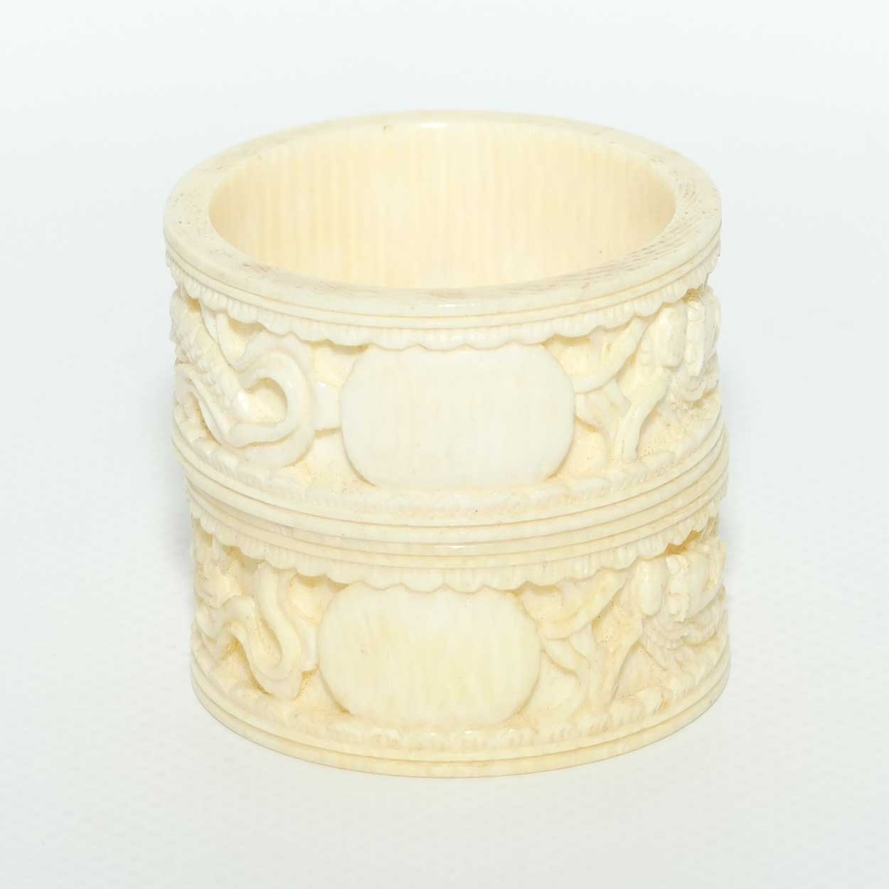 Chinese Carved Ivory pair of napkin rings | serviette rings | Dragon motif