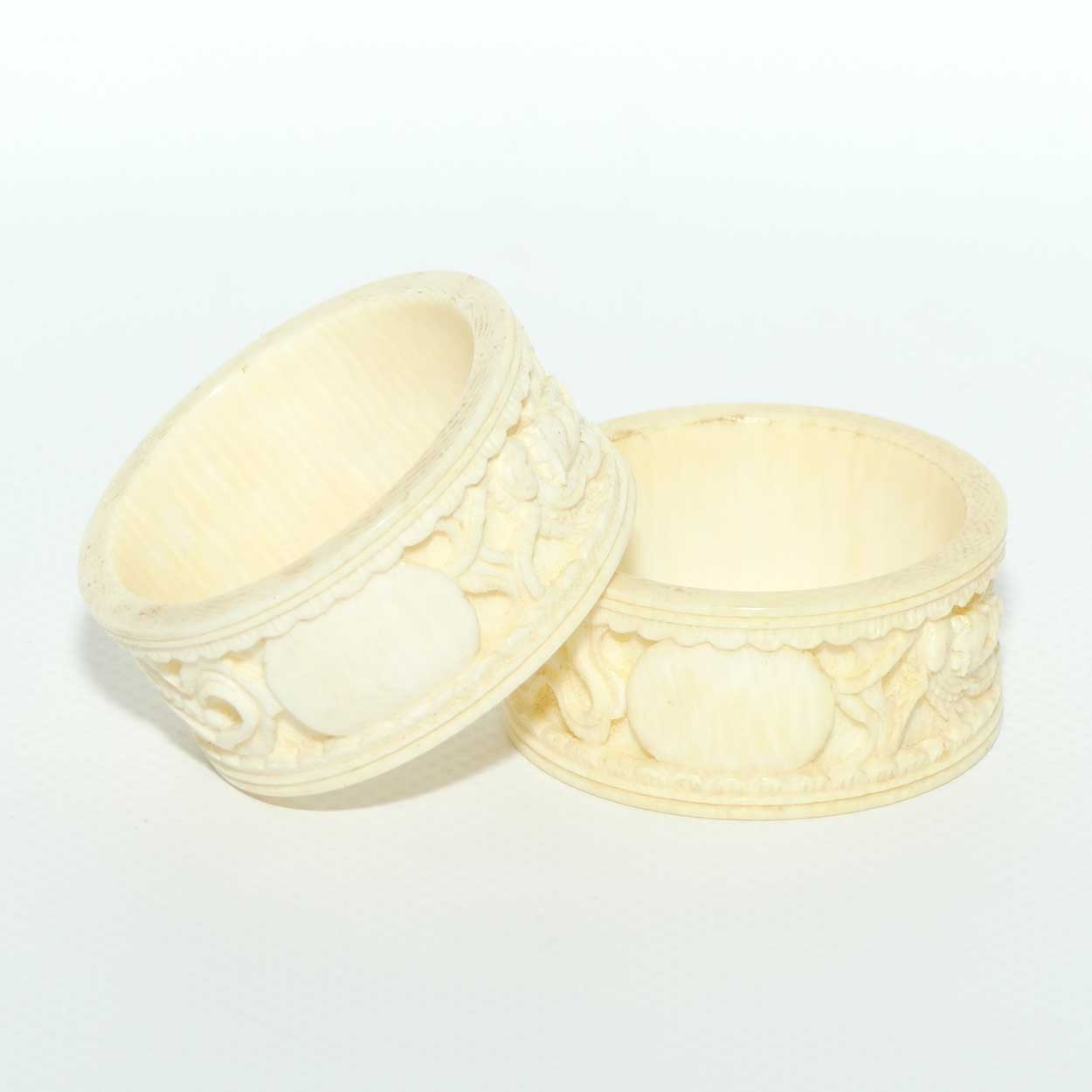Chinese Carved Ivory pair of napkin rings | serviette rings | Dragon motif