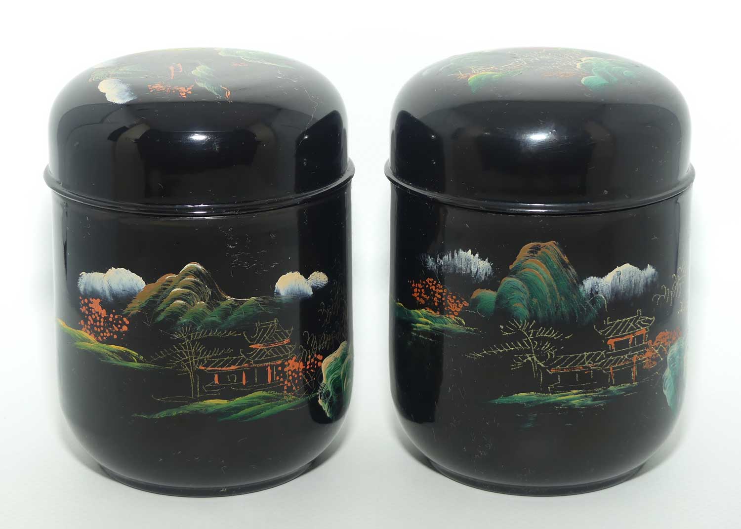 Pair of Handpainted Japanese Lacquerware pots | Urushi