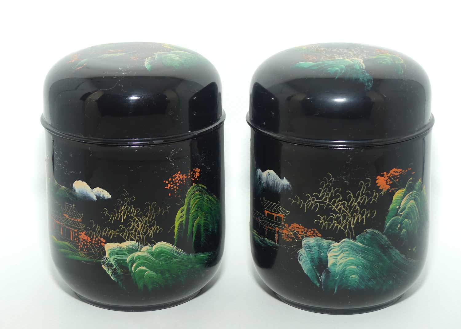 Pair of Handpainted Japanese Lacquerware pots | Urushi