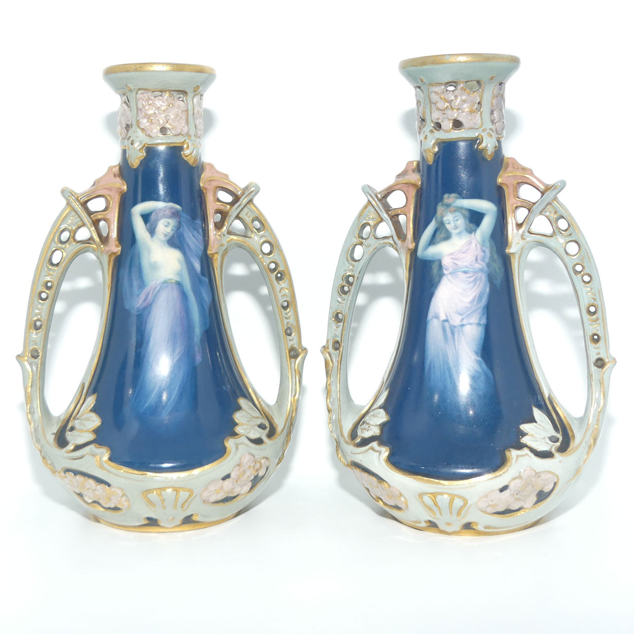 Ernst Wahliss Vienna Australia pair of Art Nouveau vases with Maidens | signed RP
