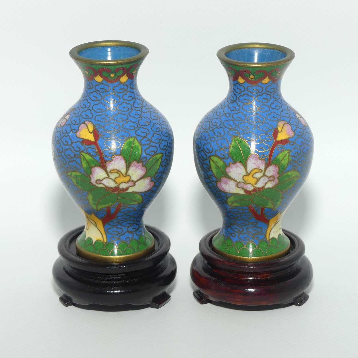 Mid Century Cloisonne pair of mini Vases on Stands | Blue | Flowers