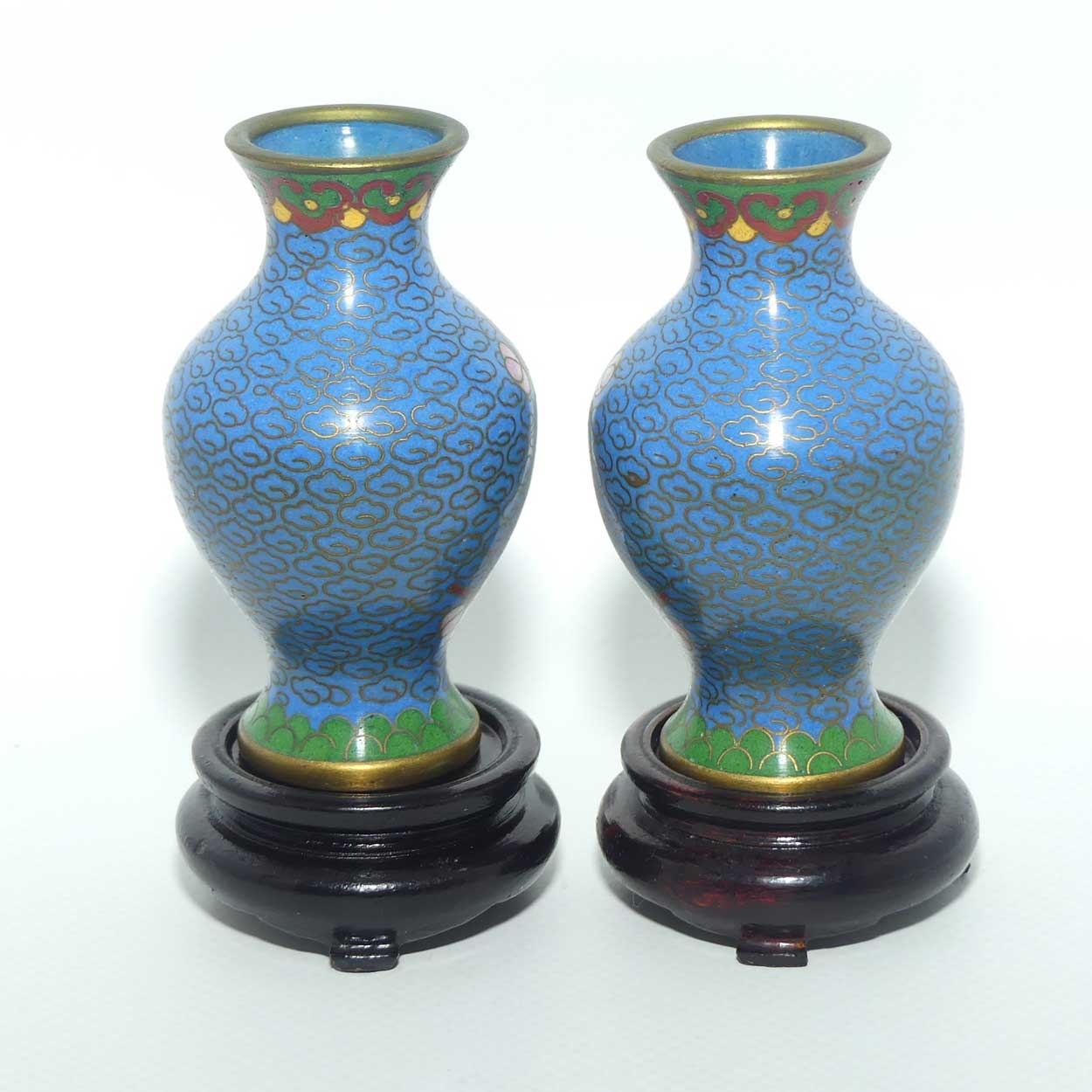 Mid Century Cloisonne pair of mini Vases on Stands | Blue | Flowers