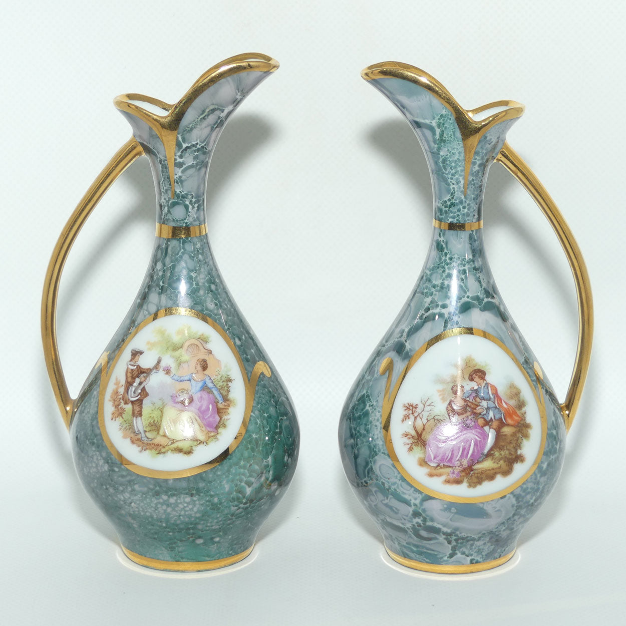 Monarch Porcelain D'Art Limoges France pair of Ewers | simulated Malachite colour
