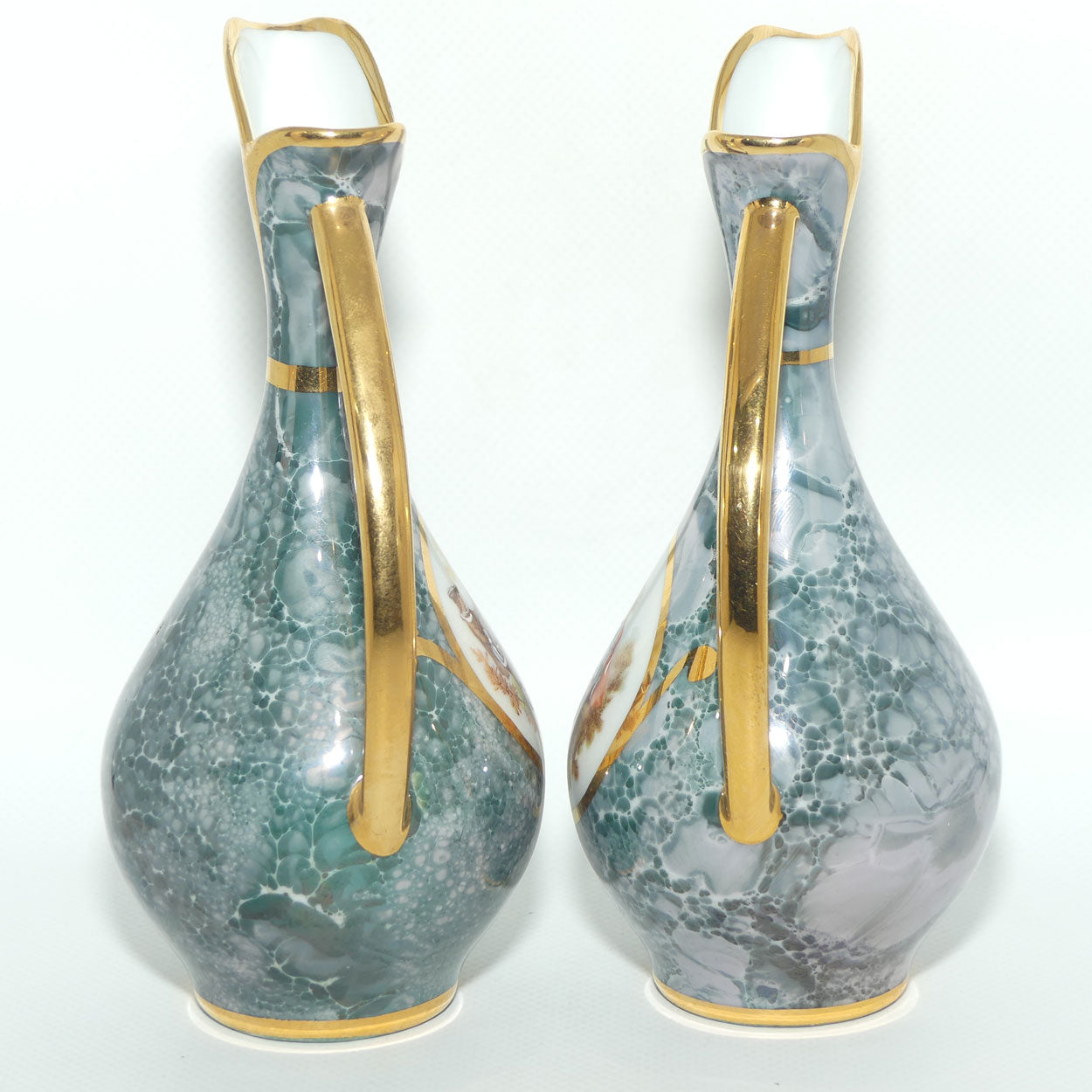 Monarch Porcelain D'Art Limoges France pair of Ewers | simulated Malachite colour
