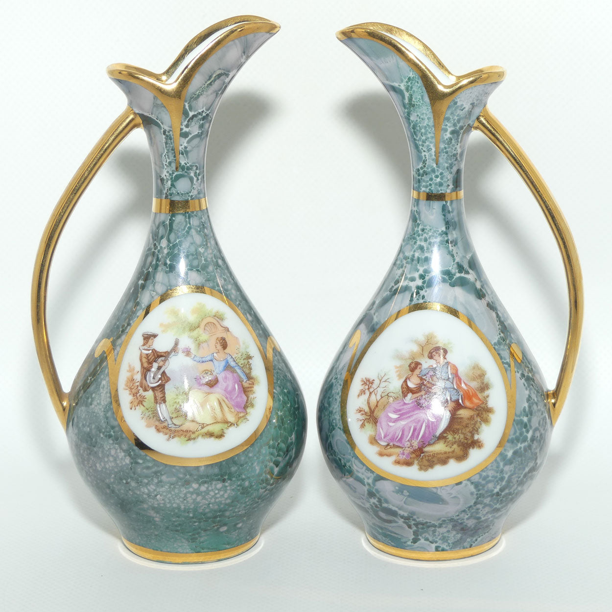 Monarch Porcelain D'Art Limoges France pair of Ewers | simulated Malachite colour