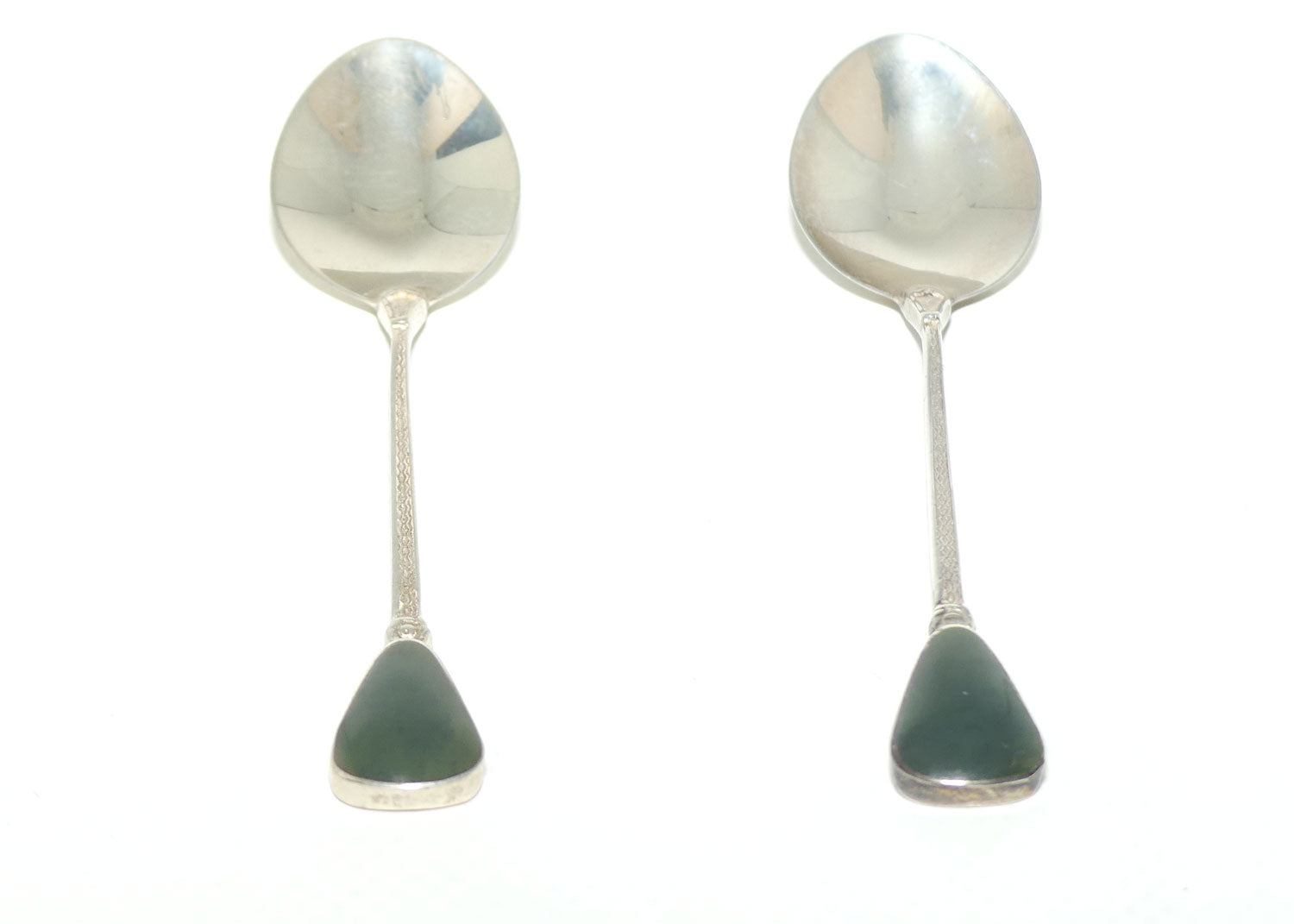 New Zealand Sterling Silver pair of souvenir teaspoons | NZ Greenstone set handle