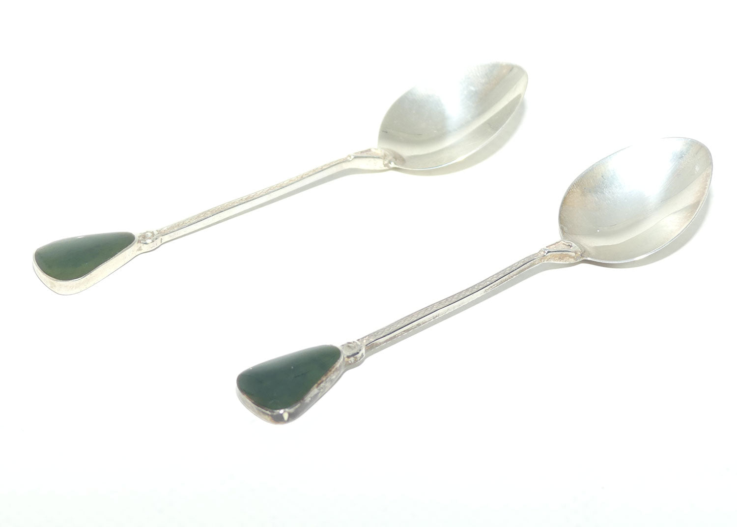 New Zealand Sterling Silver pair of souvenir teaspoons | NZ Greenstone set handle